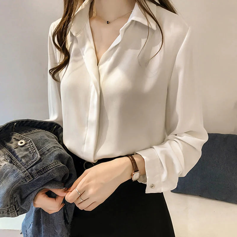 White Chiffon Long Sve irt for Women Cleanfit Sle Office Wear Autumn Faionable Profional Aosphere Six Sve Le...