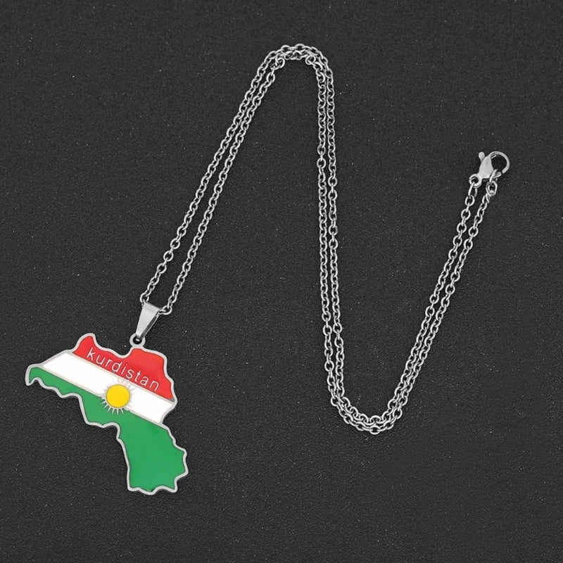 Kurdistan Map Pendant Necklace Dripping Oil Retro Stainless Steel Pendant for Men and Women Ethnic Clavicle Chain Gift