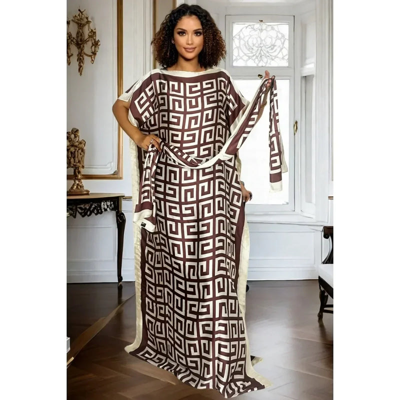 Camisa elegante com estampa geométrica grande e lenço combinando para todas as estações