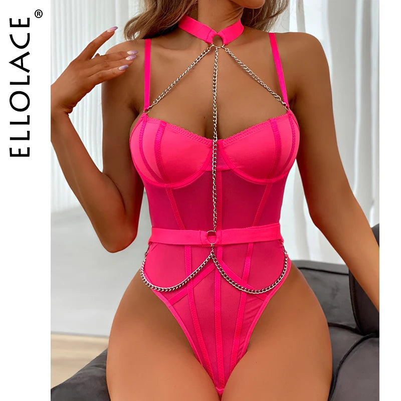 Ellolace body erótico com corrente halter fitness sexy pornô ver através de pelúcia perna alta corpo terno renda sissy quente sensual collants