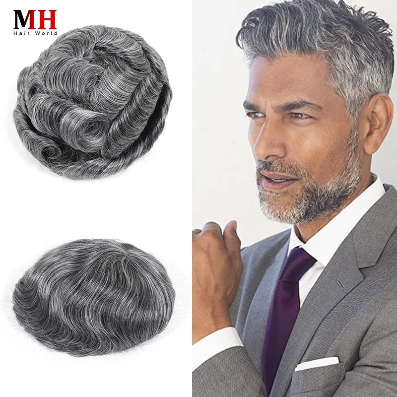 CC Shape Base Human Hair Toupee For Men Wig Mix Grey Brown Color PU Mono Lace Hair System Natural Wave Straight Replacement