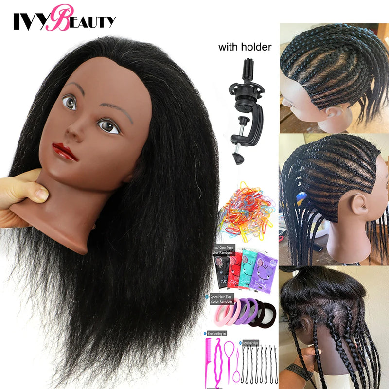 African American Mannequin Head With 100% Real Human Hair 16inch Hairdresser Training Manikin Head For Practice Styling Braiding