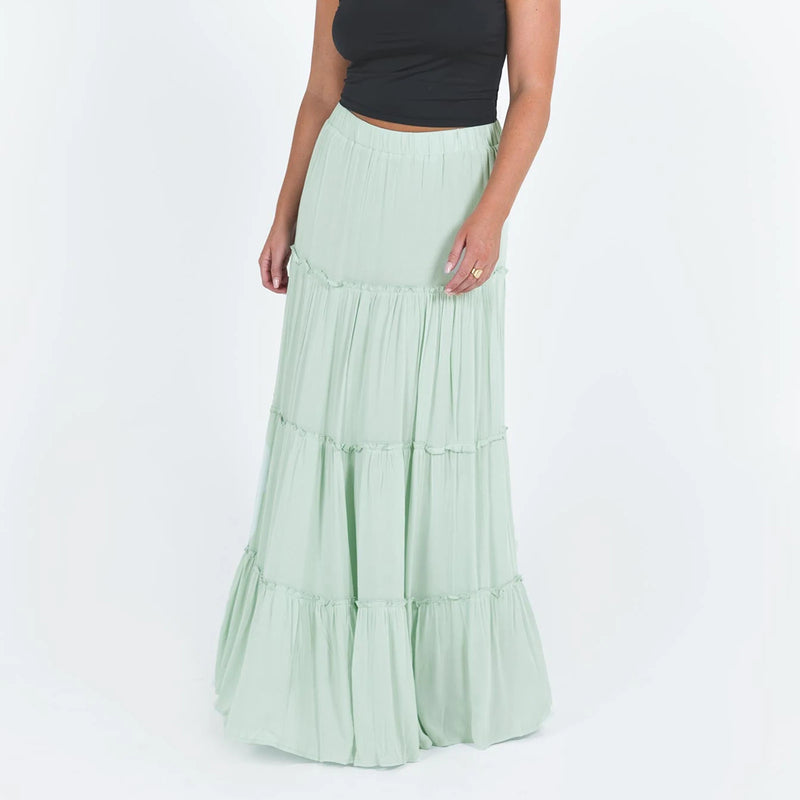 Women's Tiered Long Skirts Drawstring Elastic Waist Solid Color Ruched Midi Skirts Side Split Long Skirts Summer Beachwear