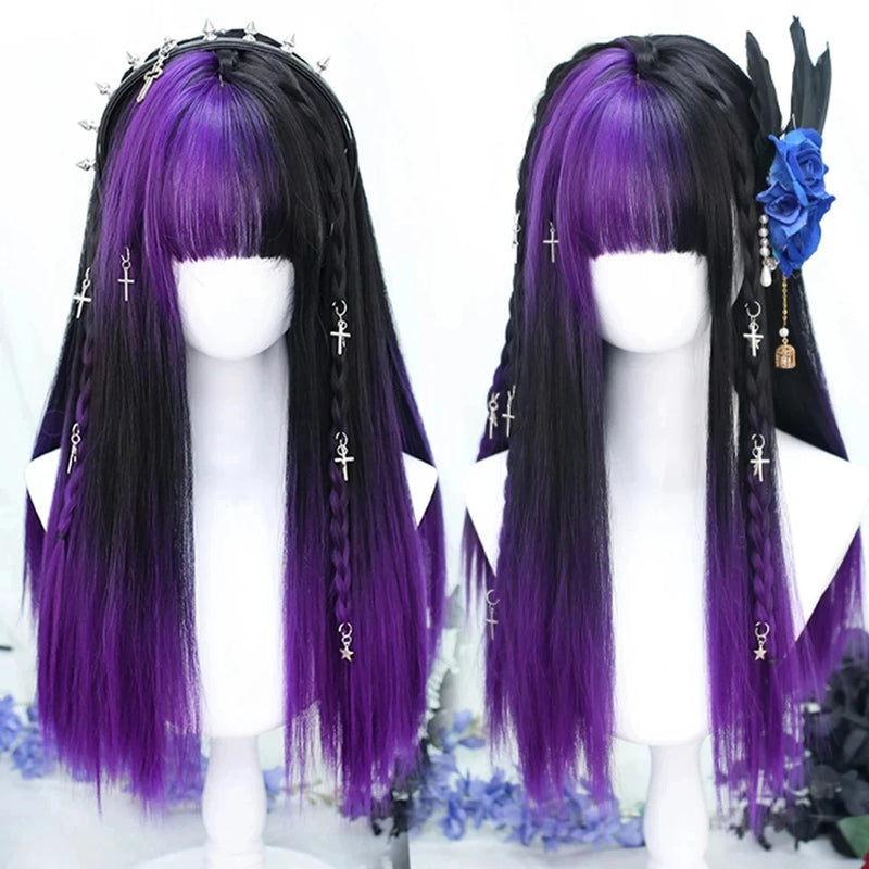 OLACARE  Synthetic Long Straight Lolita Wig with Bang Black Red Two-Tone Cosplay Party Halloween Christmas Wavy Curly Wig