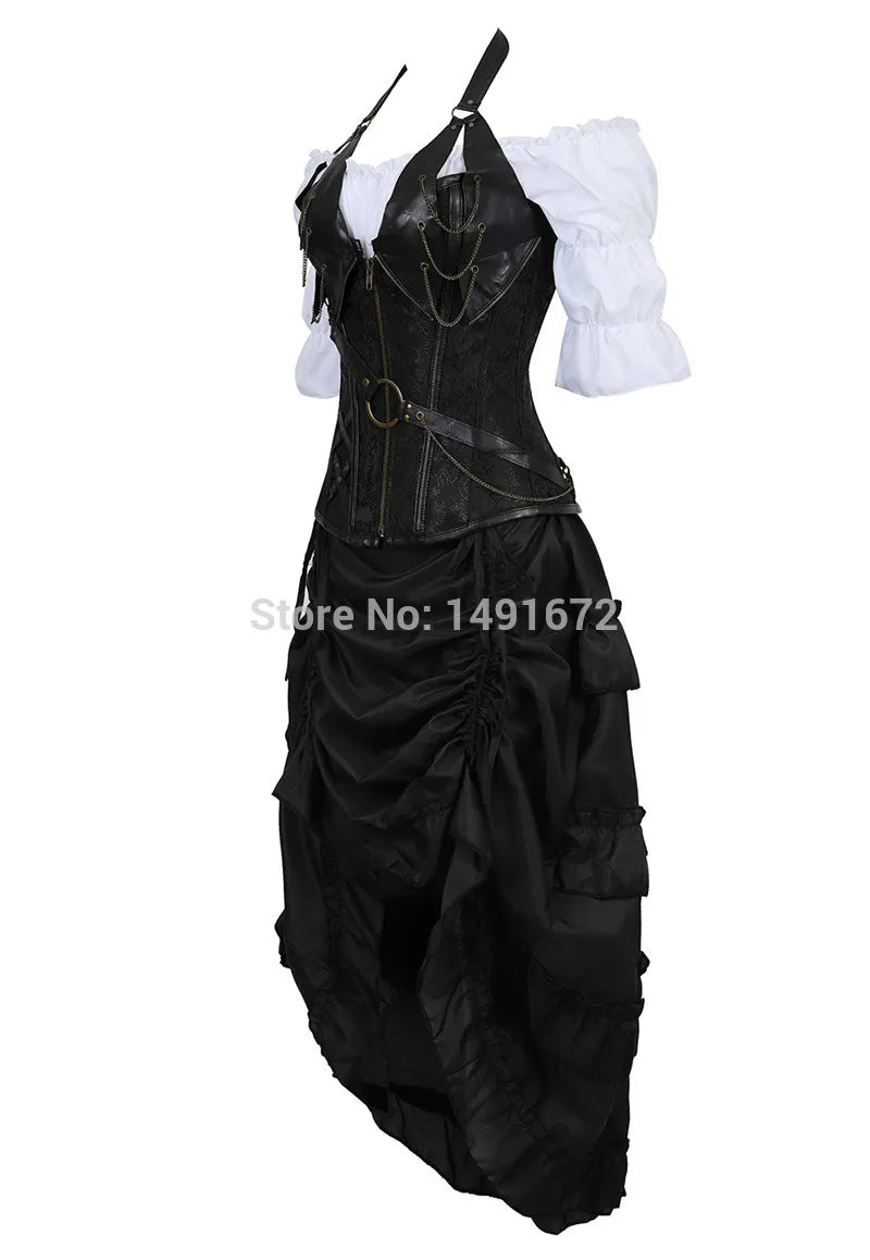 corset steampunk dress bustiers corset skirt three-piece leather pirate lingerie corsetto irregular burlesque plus size black