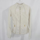 Jaqueta de ioga feminina com zíper dourado |     Cardigan Slim Fit com gola alta |     Bainha antiderrapante e furos para polegares |     Ela alta de secagem rápida