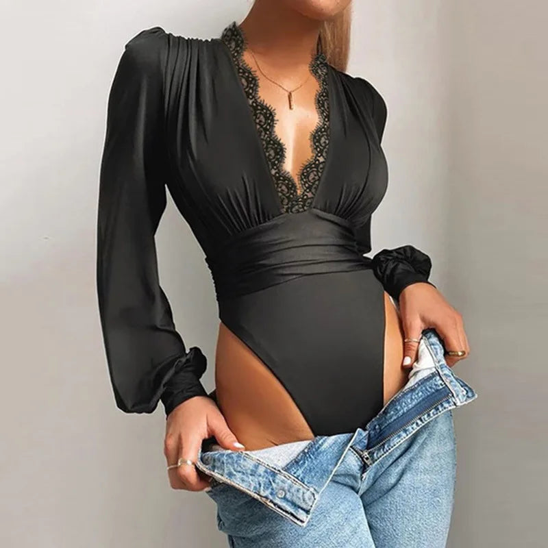 Sexy renda applique manga longa feminino bodysuit malha bodysuits decote em v profundo sem costas collant topos básicos femininos