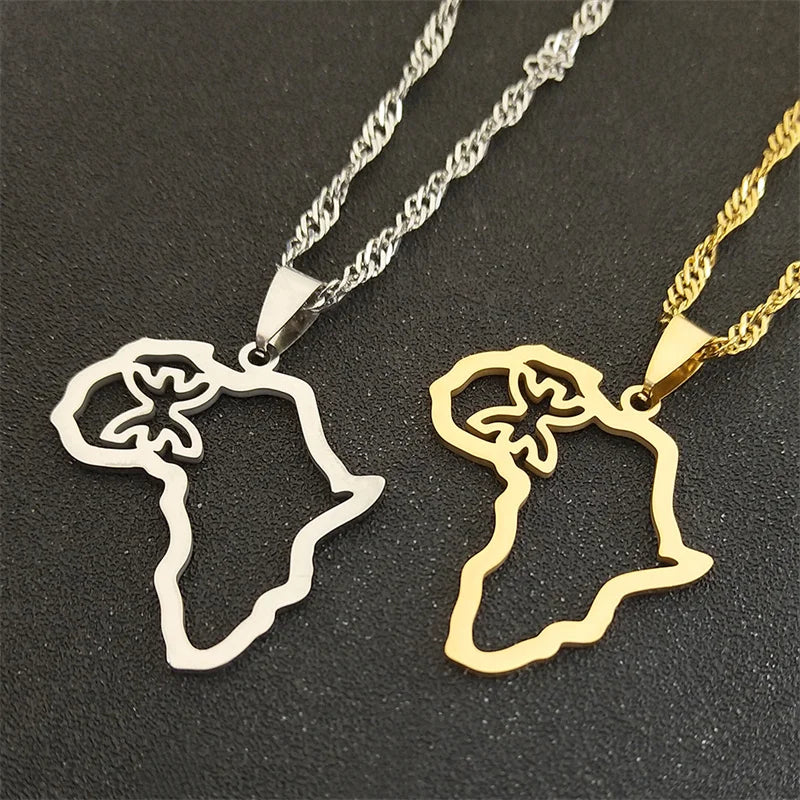 African Map Berber Amazigh Chain Necklaces for Women Men Stainless Steel Gold Color Amulet Necklace Jewelry collier 8092-QKC