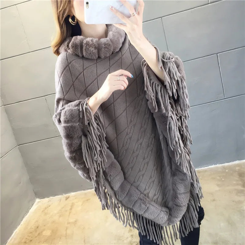 Autumn Winter Imitation Rabbit Fur Women's Coat Imitation Wool Collar Pullover Shawl Warmth Poncho Capes Red Cloaks