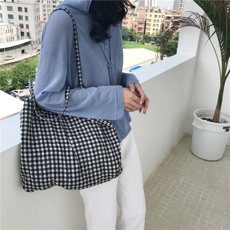Canvas Bag Woman Casual Plaid Women Shopping Bag Large Capacity Cute Tote Handbags Cloth Double-sided Girls Frenum Shoulder Bags