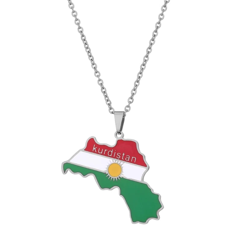 Kurdistan Map Pendant Necklace Dripping Oil Retro Stainless Steel Pendant for Men and Women Ethnic Clavicle Chain Gift