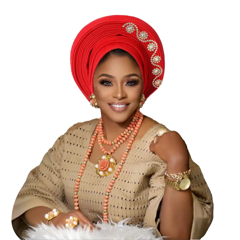 New African Headtie Turban Nigeria Head Ties with Flowers Already Made Auto Gele Women Head Wraps for Wedding Party