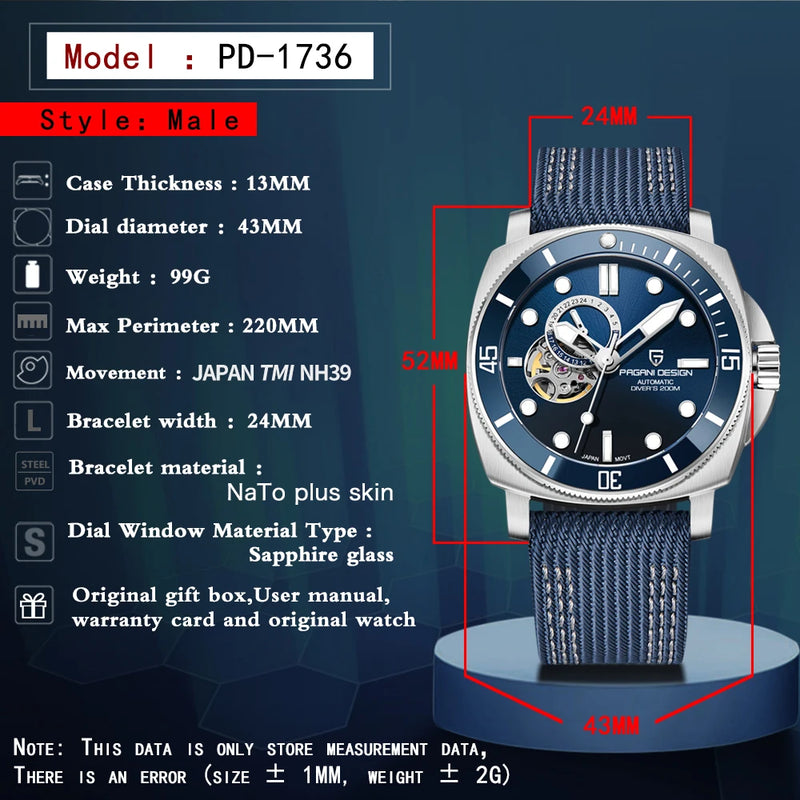 PAGANI DESIGN 2025 New Men's Watches Automatic Watch For Men Tourbillon Skeleton NH39A Mechanical Wristwatch 200M Diving Clock