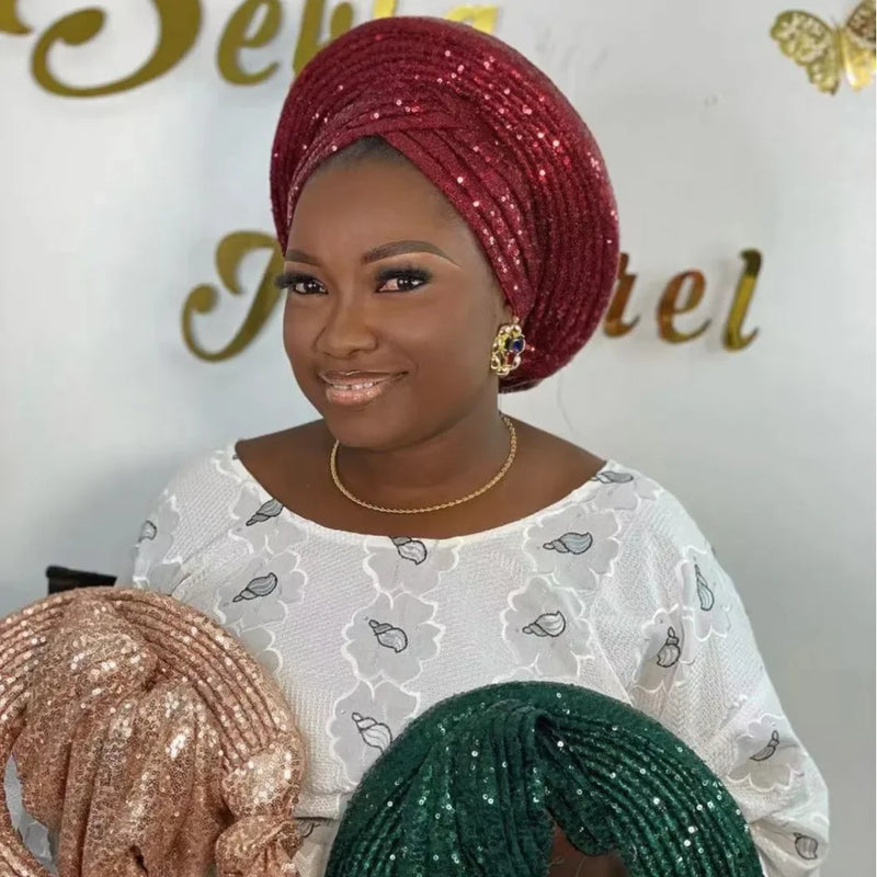 Lantejoulas Autogele Headtie para Mulher, Boné Turbante Nigéria, Envoltórios Africanos Cabeça, Bonés Já Feitos, Capacete, Festa de Casamento