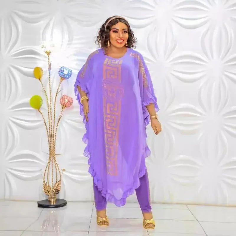 African Plus Size Chiffon Medium-Length Three-Piece Suit Ultra-Fine Fiber Five-Sleeve Fly Sleeve Chiffon Skirt Set