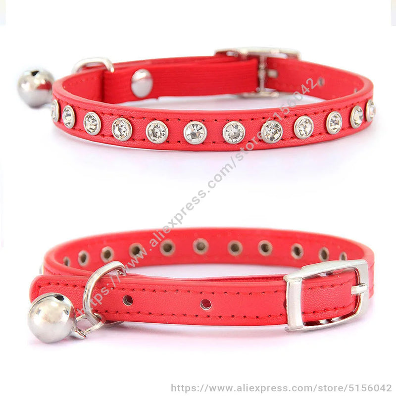 Shiny Rhinestone Pet Collar Safety Adjustable Cat Dog Collars With Bell Puppy Kitten Decoration Accessories Leather Flocking S