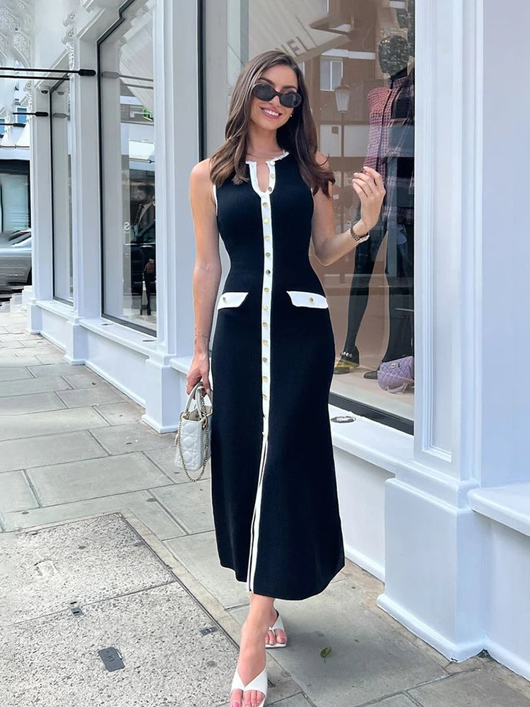 Taruxy elegante sem mangas único breasted com nervuras malhas vestido longo para mulheres cintura alta bodycon malha vestido de bolso falso novo