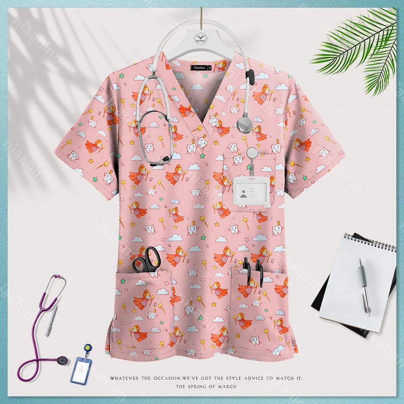 Medical Uniform Tops for Women Medical Print V-Neck Clinical Uniform T-shirts Short Sleeved Pocket Tops Surgical Uniforms Woman