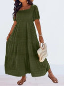 Plus size 1xl-5xl nova moda feminina pescoço quadrado vestido de cor sólida senhoras casual a linha saia de manga curta vestido longo