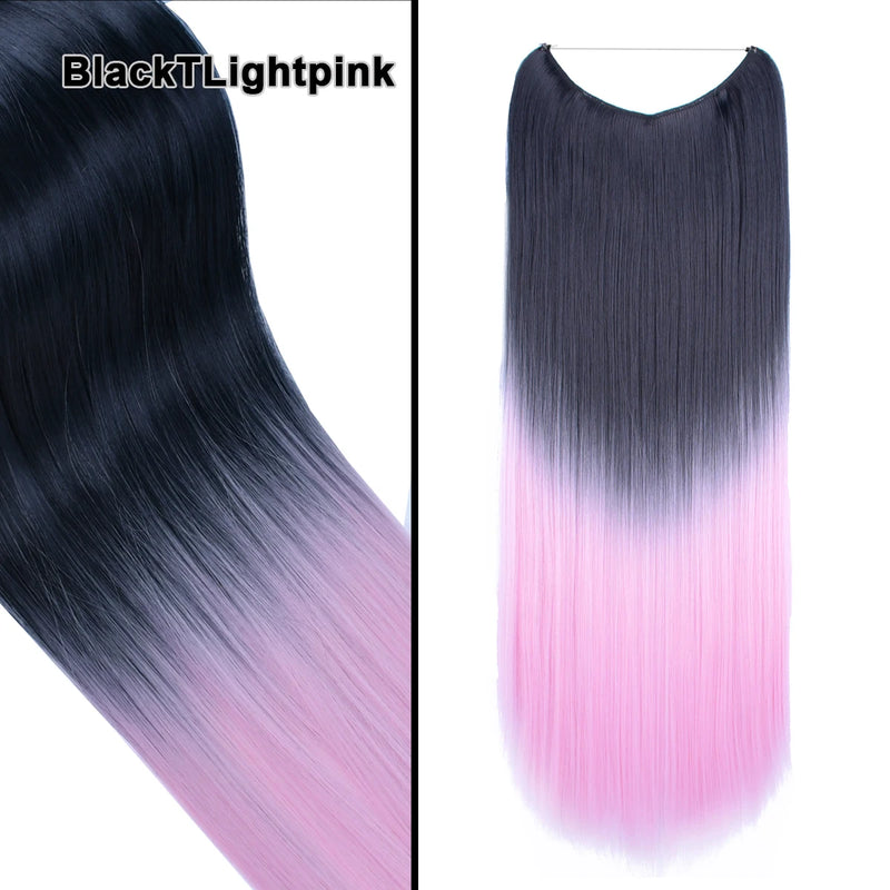 Jeedou One Piece Synthetic Hair Extension No Clips Whit Invisible Line Straight&Wavy Hair Hairpieces Brown Blue Ombre Color