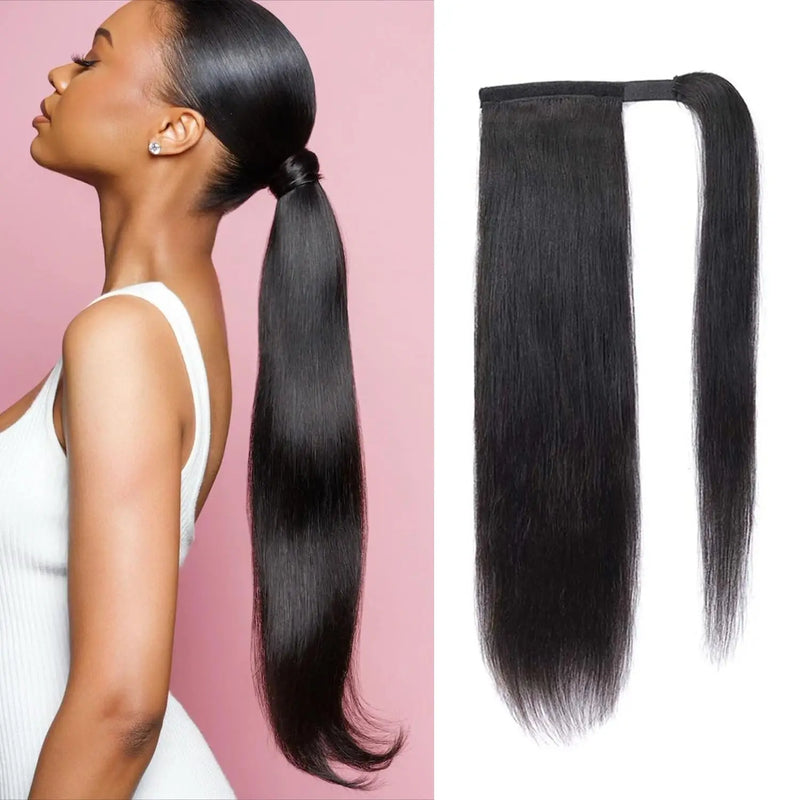 Clipe de rabo de cavalo em extensões de cabelo para mulheres negras, peruca brasileira, envoltório reto, cordão, cabelo humano, 100g