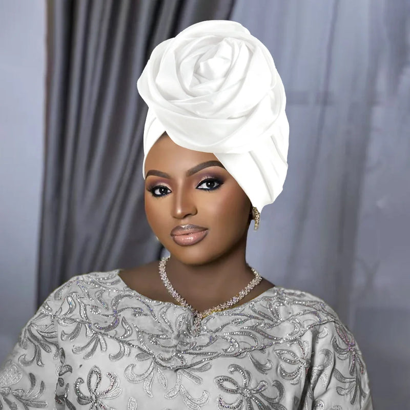 Raw Silk Big Rose Flower African Turban Caps for Women Headwear Head Wraps Nigerian Wedding Geles Party Headgear Bonnet