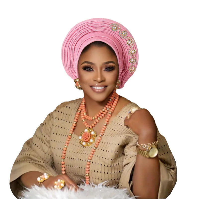 New African Headtie Turban Nigeria Head Ties with Flowers Already Made Auto Gele Women Head Wraps for Wedding Party