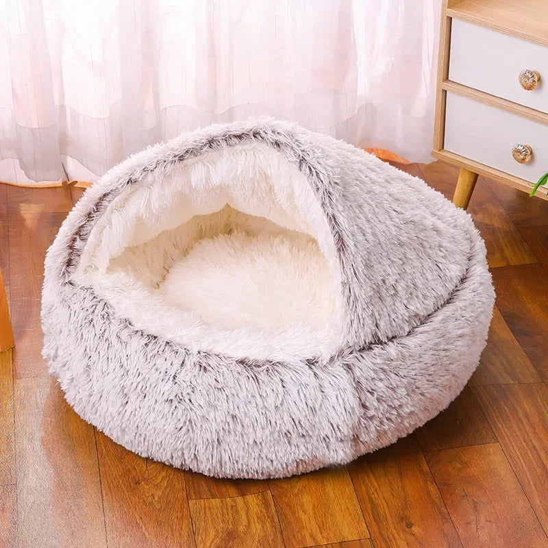 Cama redonda de pelúcia macia para gatos, colchão para animais de estimação, cesta quente e confortável, 2 em 1, saco de dormir, ninho para cães pequenos