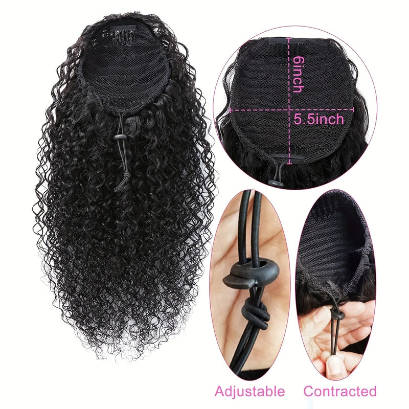 Extensões encaracolados perversos do rabo de cavalo do cabelo humano para mulheres, cordão, grampo-dentro