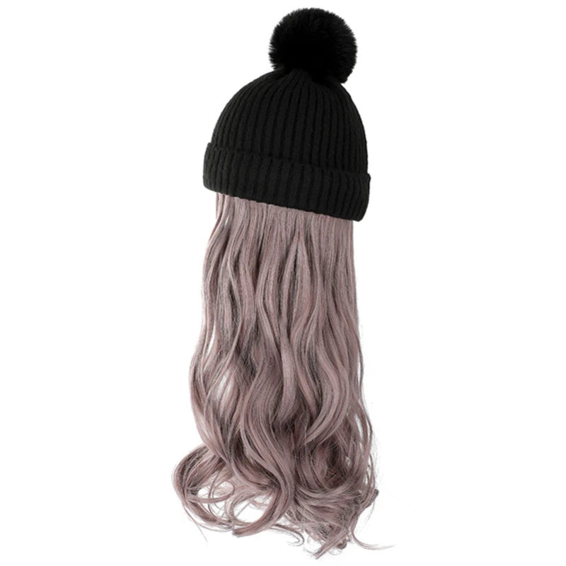 Fashion Hat Wig Brimless Cap with Long Curly Wave Hair Extensions Knitted Synthetic Removable Hairs Piece for Women Winter Use