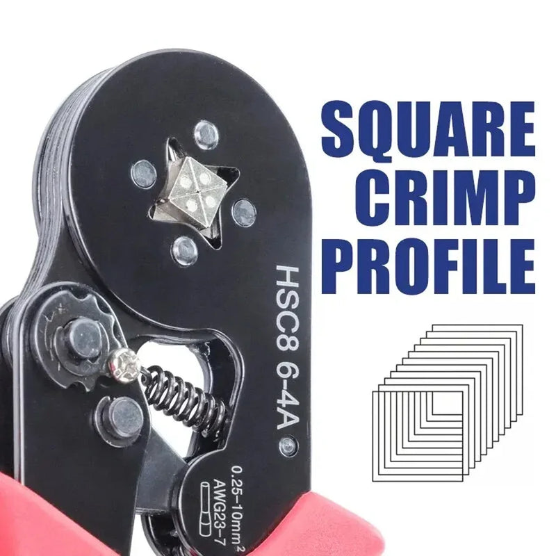 Ferramentas de friso de virola de mangas finais hsc8 6-4a auto-ajustável AWG23-7/0.25-10mm2 alicate de friso de fio de catraca quadrado