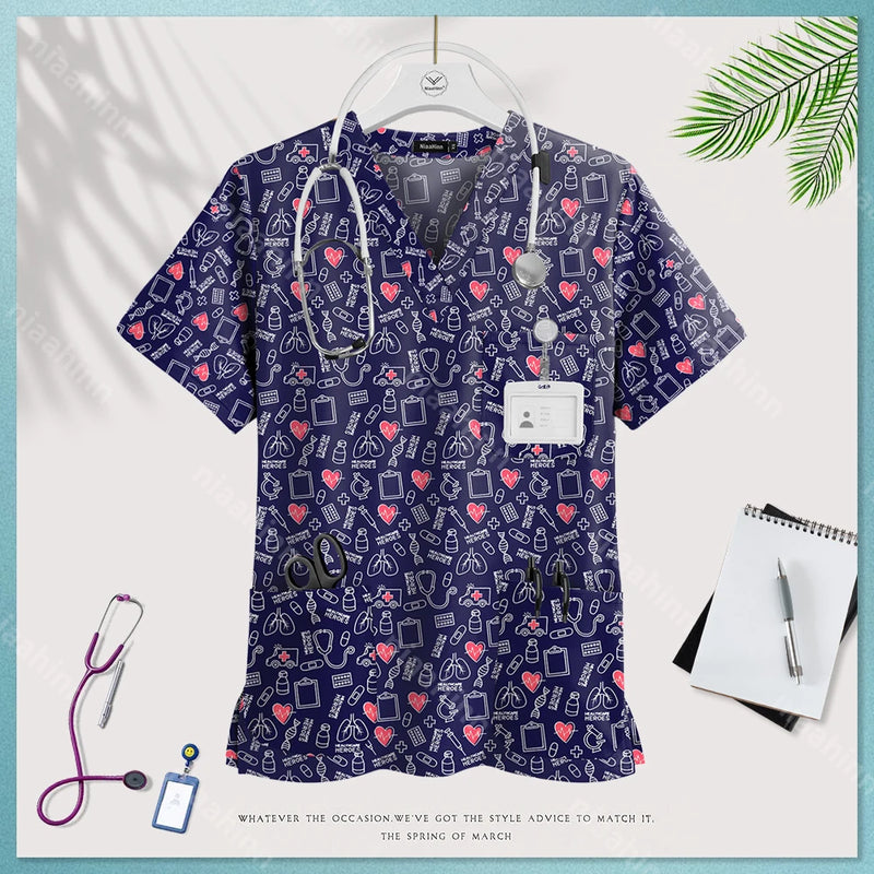 Medical Uniform Tops for Women Medical Print V-Neck Clinical Uniform T-shirts Short Sleeved Pocket Tops Surgical Uniforms Woman