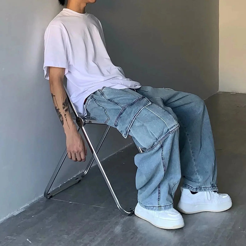 Retro Street Style Men's Jeans Spring Autumn Loose Wide Leg Casual Big Pocket Workwear Denim Washed Dad Pants Male Fashion