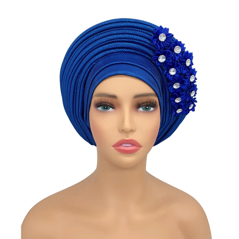 New African Headtie Turban Nigeria Head Ties with Flowers Already Made Auto Gele Women Head Wraps for Wedding Party