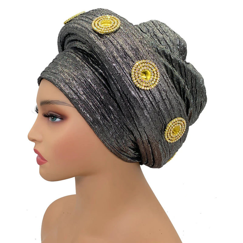Already Made African Headtie Glitter Diamonds Women's Turban Cap Female Head Wraps Nigeria Wedding Auto Geles Party Headwear Hat