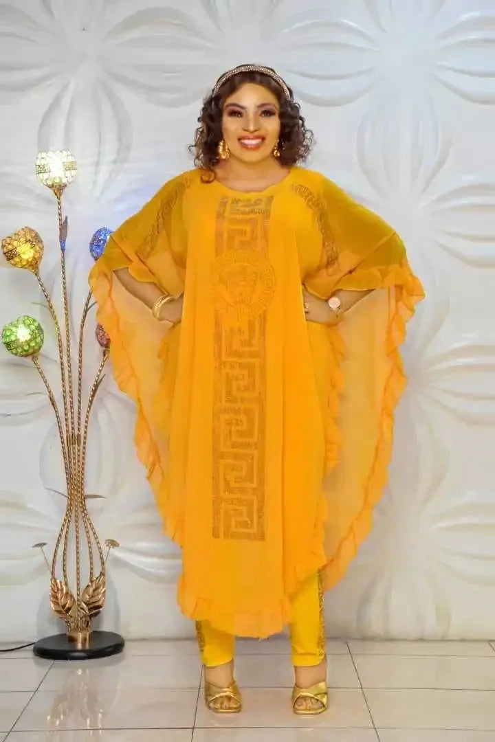 African Plus Size Chiffon Medium-Length Three-Piece Suit Ultra-Fine Fiber Five-Sleeve Fly Sleeve Chiffon Skirt Set