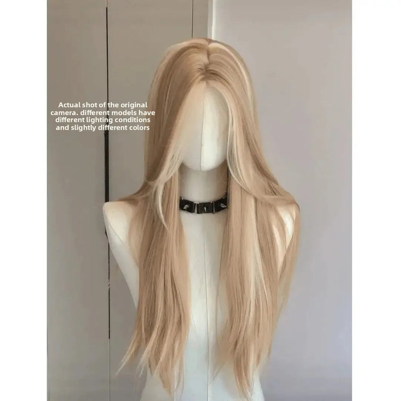 Asian Women's Gradient Highlighted Straight Hair Wig Front Lace American Retro Style Dyeing Chic Golden Brown Middle Part