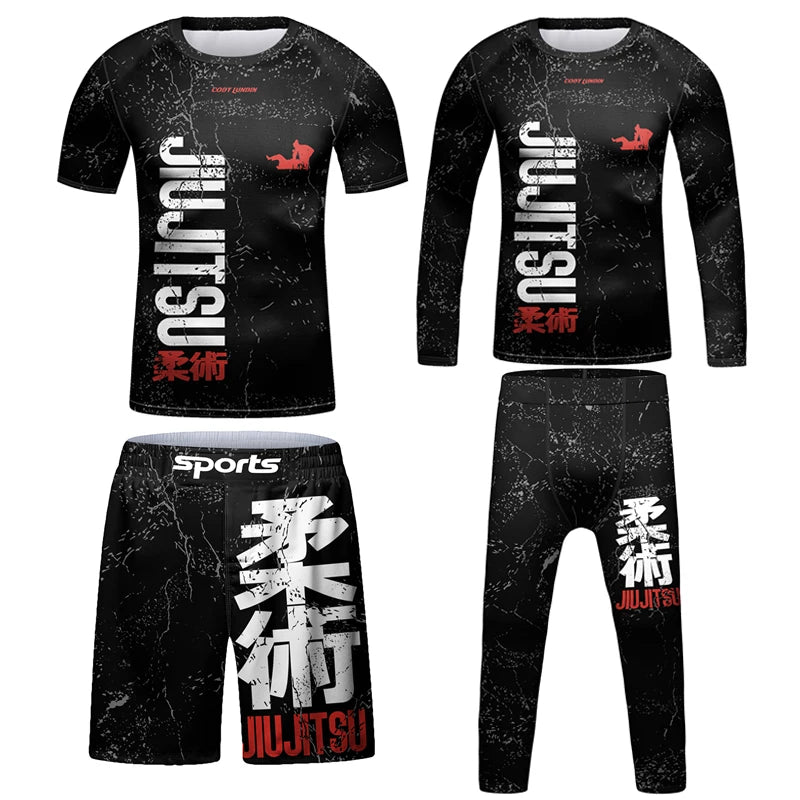 Nova criança jiu jitsu mma rashguard camiseta + calça + shorts 3d bjj gi kickboxing camisas apertadas meninos crianças muay thai boxe roupas esportivas