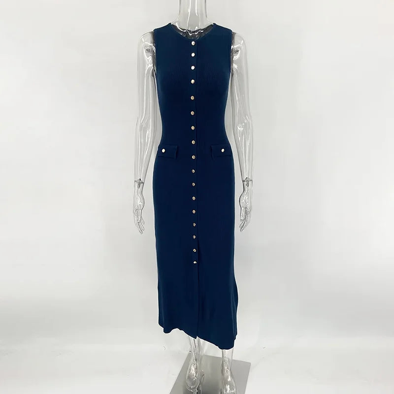 Taruxy elegante sem mangas único breasted com nervuras malhas vestido longo para mulheres cintura alta bodycon malha vestido de bolso falso novo