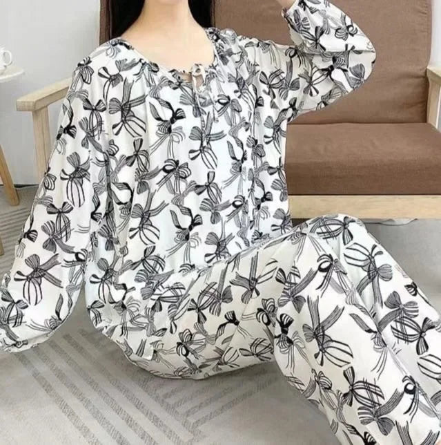 Spring Autumn Cotton Silk Sleepwear Women Loose Thin Home Clothes Set Large Size V-neck Comfortable Breathable Home Fashion