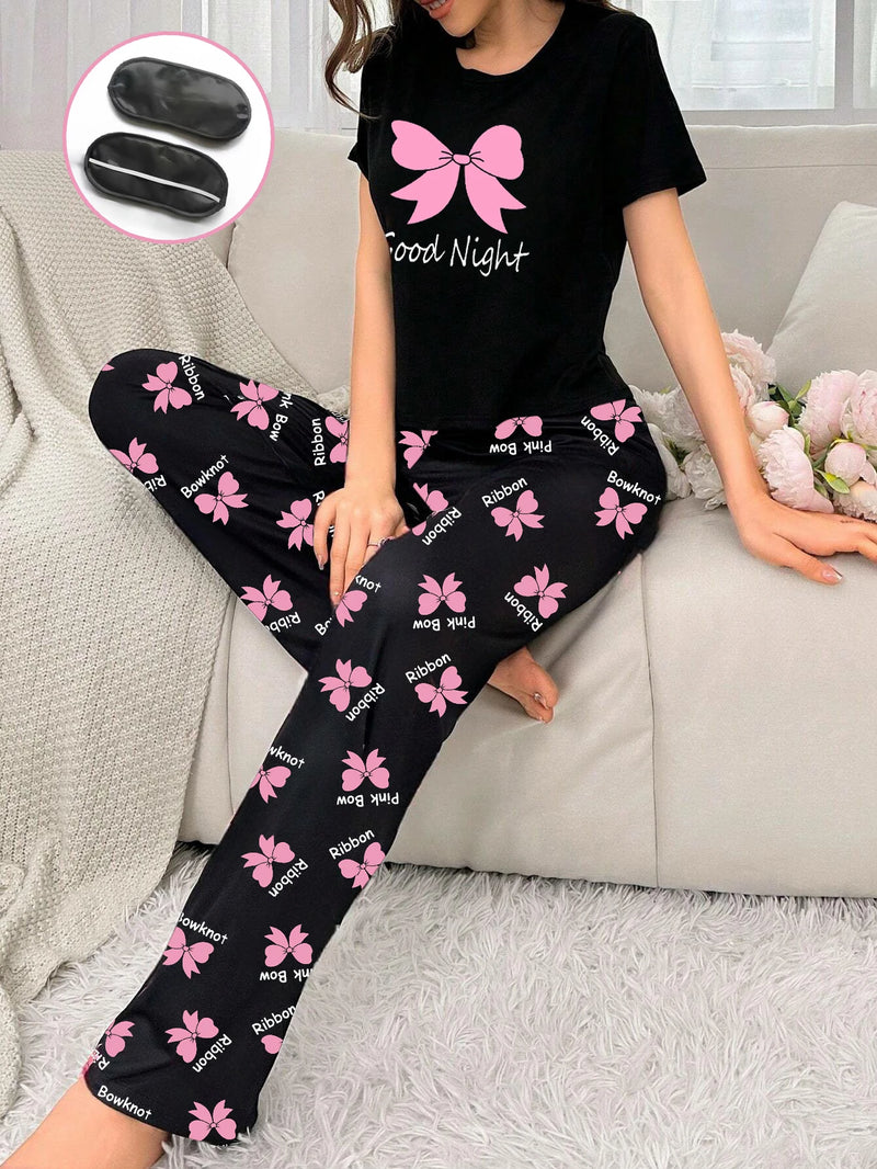 Women's new style bow print short-sleeved trousers two-piece casual comfort home wear eye mask pajamas set