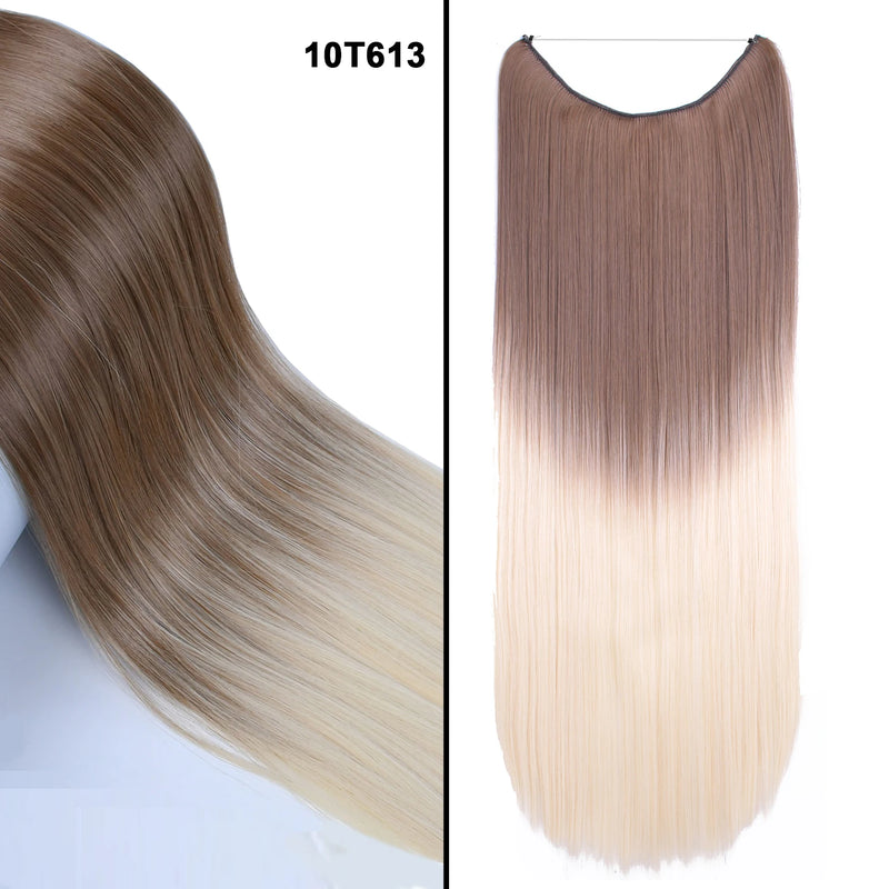 Jeedou One Piece Synthetic Hair Extension No Clips Whit Invisible Line Straight&Wavy Hair Hairpieces Brown Blue Ombre Color