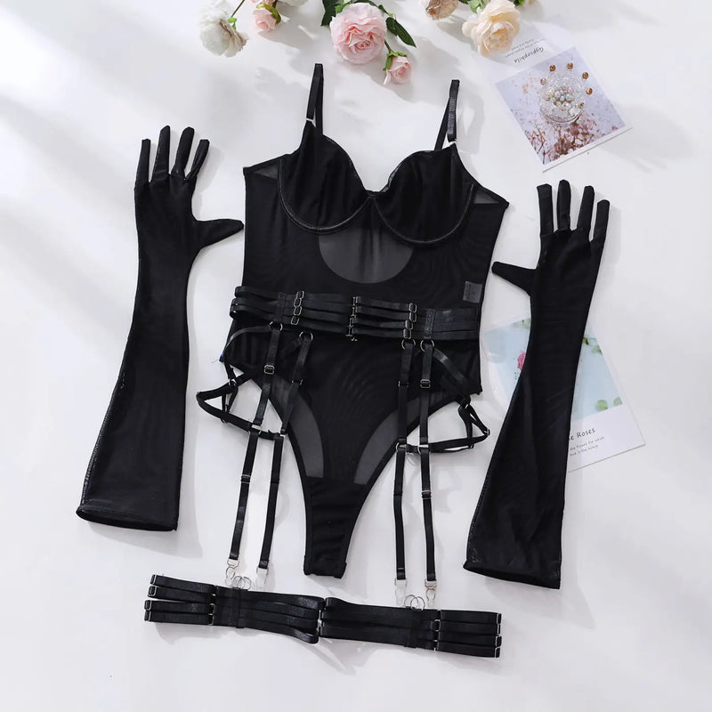 Mirabelle body de renda justo, transparente, lingerie sexy, corpo com luvas, roupa de liga, sissy, top de malha sem crochê