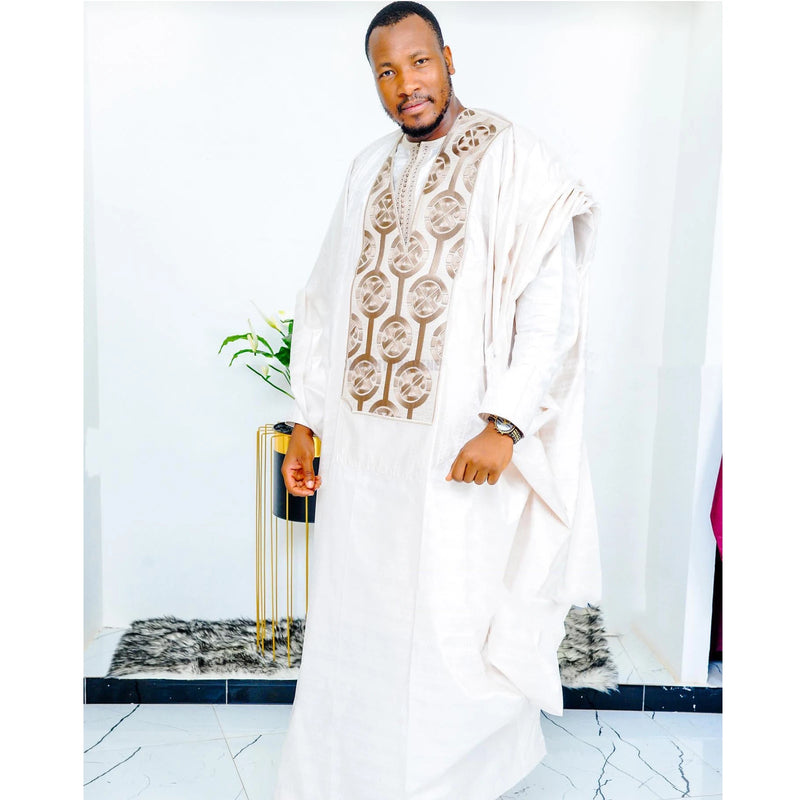 Roupas africanas para homens tradicionais Bazin Riche bordado design top manga comprida conjunto de 3 peças