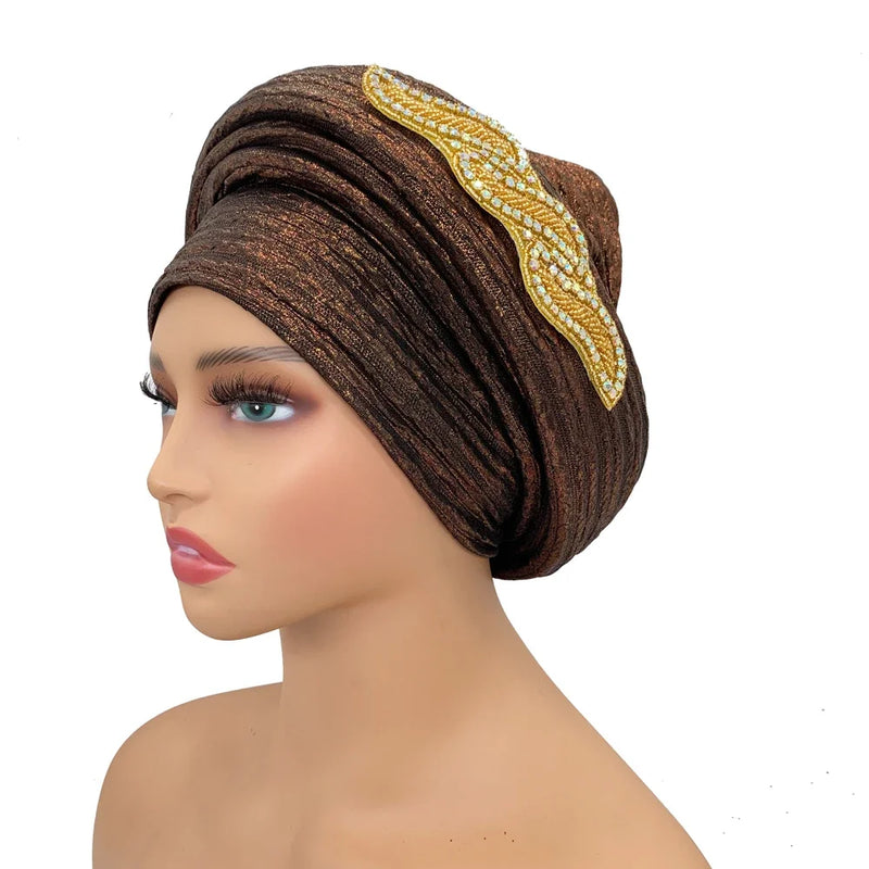 Brilhando africano headtie turbante boné feminino autogele nigeria festa de casamento chapelaria feminino cabeça wraps turbante mujer