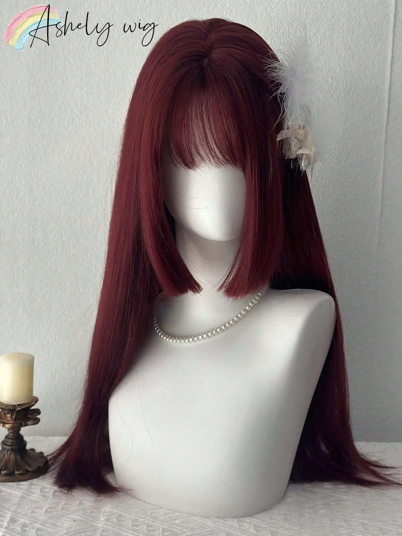 Ashely Cosplay Burgundy Long Straight Wig with Bangs 24 Inch Red Synthetic Wigs for Women Fashion Daily Party Wigs Lolita Wig
