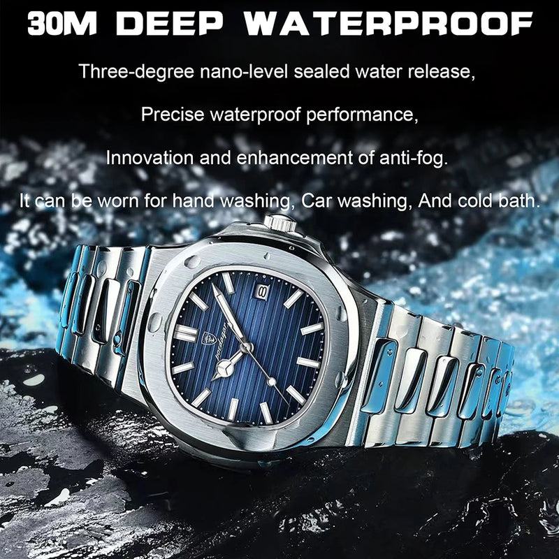 Poedagar relógio de luxo negócios 50 atm à prova dwaterproof água relógio masculino luminoso data aço inoxidável quadrado quartzo relógios reloj hombre