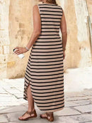 Vestido maxi regata listrado de verão 2025 para mulheres, decote em U, solto, ajuste, plus size feminino mais vendido