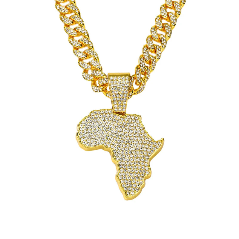 Men Women Hip Hop Africa Map Pendant With 13mm Rhinestones Miami Cuban Chain HipHop Iced Out Bling Necklaces Fashion Jewelry