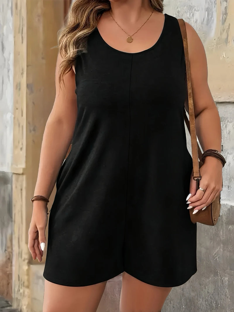 Macacão chique plus size sólido colete – macacão com gola redonda e bolsos, roupa casual elegante de verão para mulheres